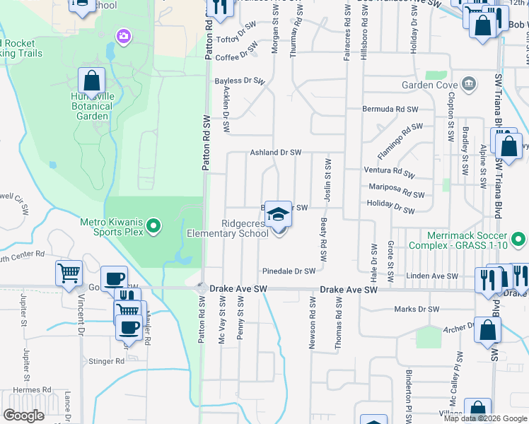 map of restaurants, bars, coffee shops, grocery stores, and more near 3219 Southwest Cerro Vista Street in Huntsville