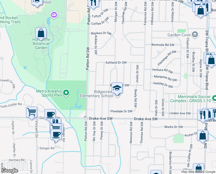 map of restaurants, bars, coffee shops, grocery stores, and more near 3219 Southwest Cerro Vista Street in Huntsville