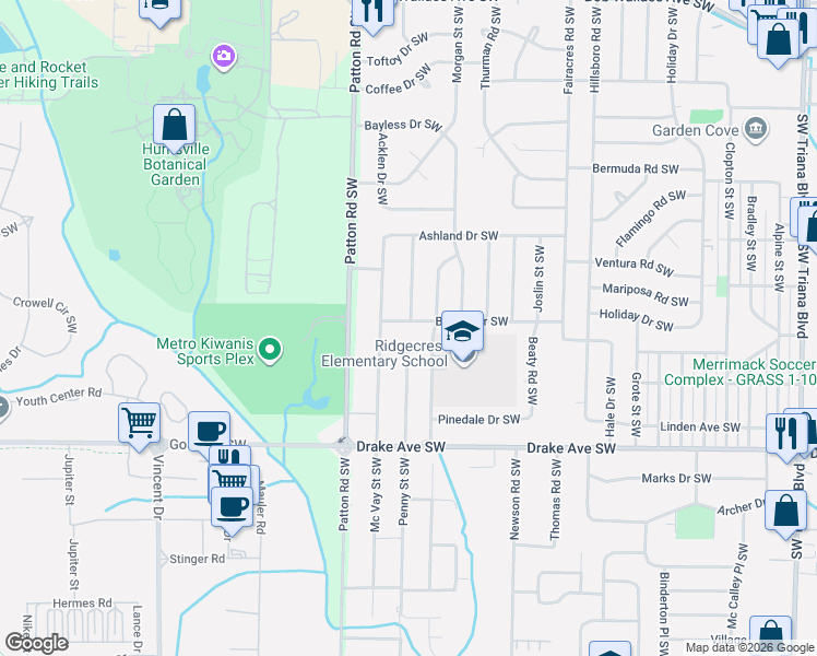 map of restaurants, bars, coffee shops, grocery stores, and more near 3222 Bluecrest Street Southwest in Huntsville