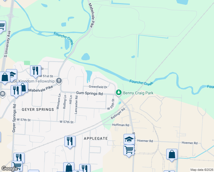 map of restaurants, bars, coffee shops, grocery stores, and more near 33 Rosemoor Drive in Little Rock