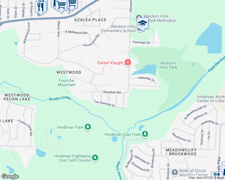 map of restaurants, bars, coffee shops, grocery stores, and more near 7721 Lassie Lane in Little Rock