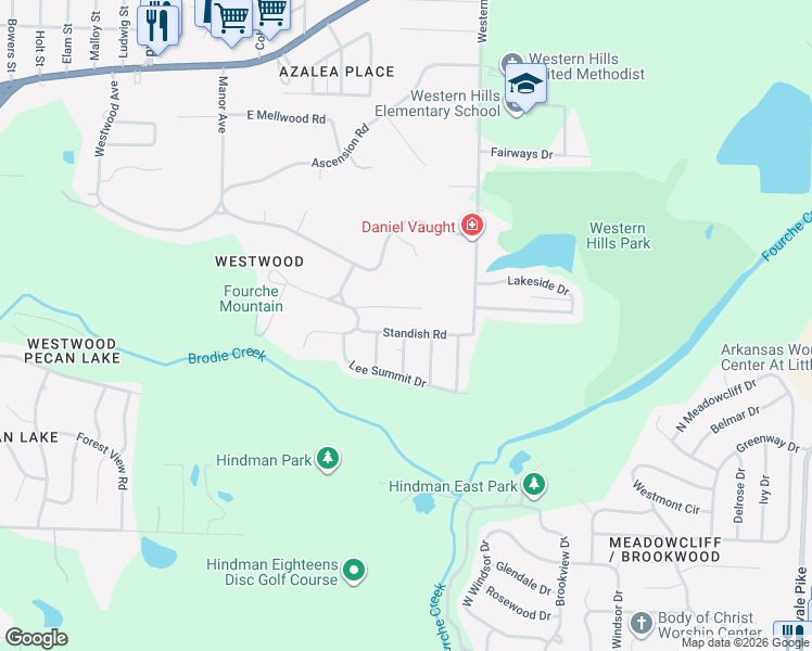 map of restaurants, bars, coffee shops, grocery stores, and more near 7721 Lassie Lane in Little Rock