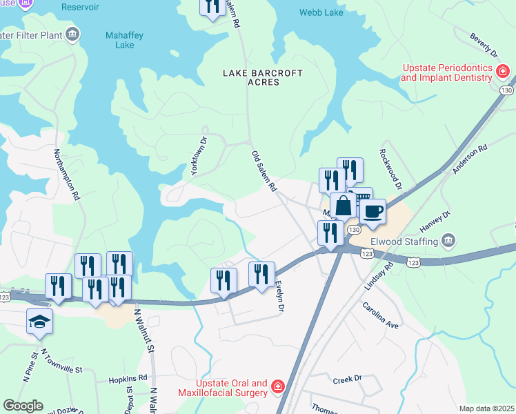 map of restaurants, bars, coffee shops, grocery stores, and more near 313 Old Salem Road in Seneca