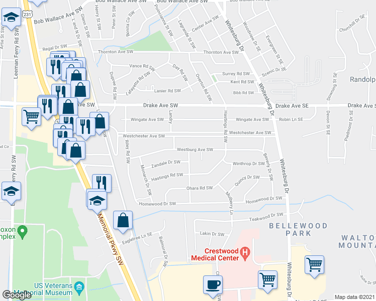 map of restaurants, bars, coffee shops, grocery stores, and more near 3210 Treemont Street Southwest in Huntsville