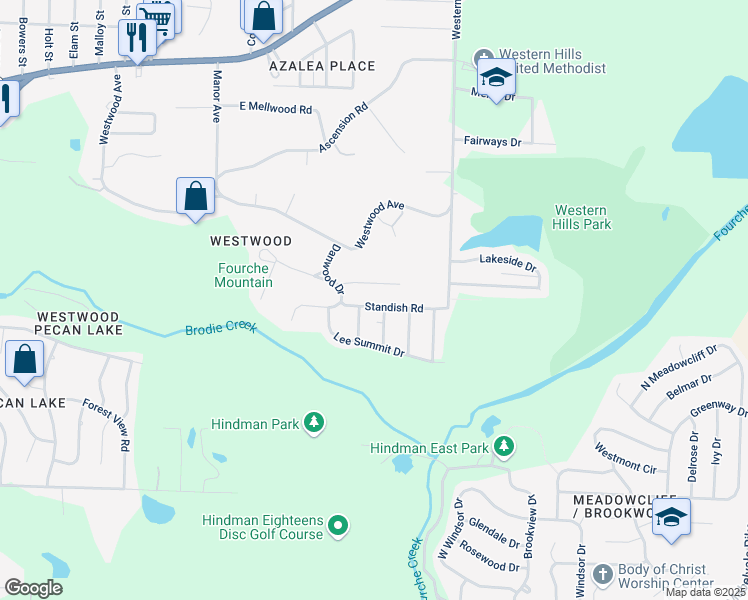 map of restaurants, bars, coffee shops, grocery stores, and more near 7907 Lassie Lane in Little Rock