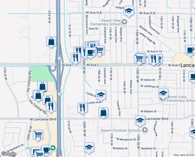 map of restaurants, bars, coffee shops, grocery stores, and more near 45041 18th Street West in Lancaster