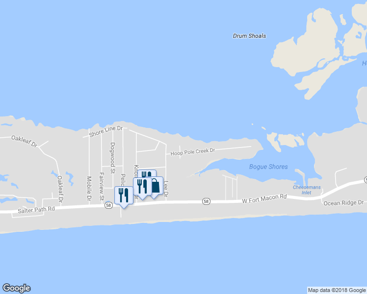 map of restaurants, bars, coffee shops, grocery stores, and more near 100 North Court in Atlantic Beach