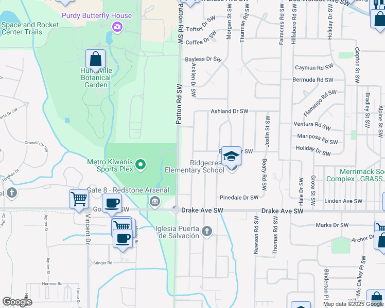 map of restaurants, bars, coffee shops, grocery stores, and more near 3608 Mc Vay Street Southwest in Huntsville