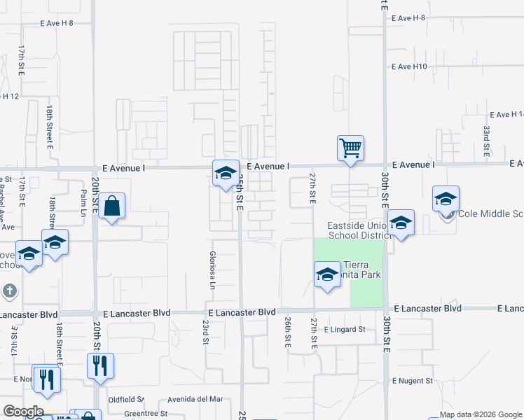 map of restaurants, bars, coffee shops, grocery stores, and more near 2550 East Avenue H10 in Lancaster