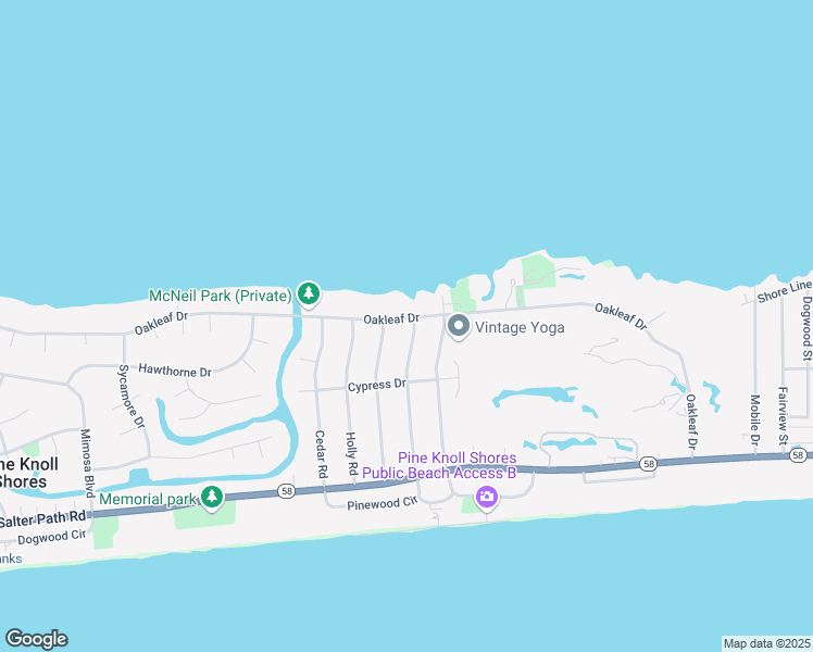 map of restaurants, bars, coffee shops, grocery stores, and more near 173 Oakleaf Dr in Pine Knoll Shores