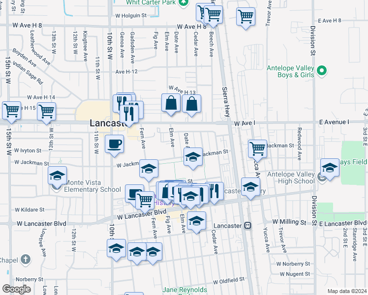 map of restaurants, bars, coffee shops, grocery stores, and more near 45121 Date Avenue in Lancaster