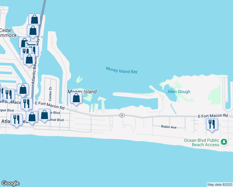 map of restaurants, bars, coffee shops, grocery stores, and more near 1013 East Fort Macon Road in Atlantic Beach