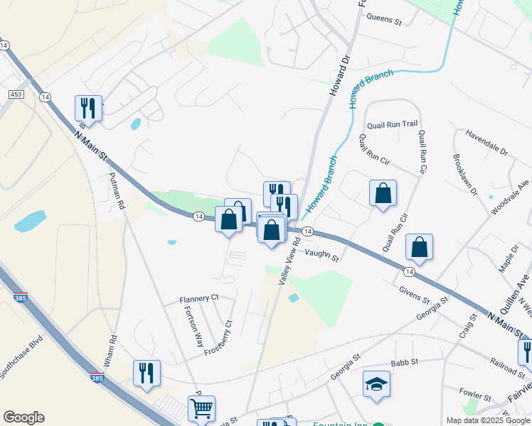 map of restaurants, bars, coffee shops, grocery stores, and more near 1124 North Main Street in Fountain Inn