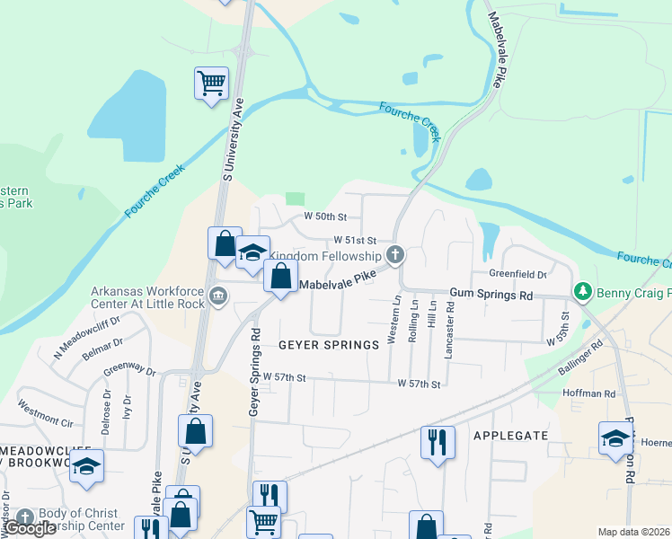 map of restaurants, bars, coffee shops, grocery stores, and more near 5119 Primrose Lane in Little Rock