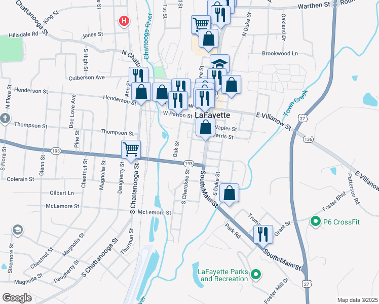 map of restaurants, bars, coffee shops, grocery stores, and more near 306 South Cherokee Street in LaFayette