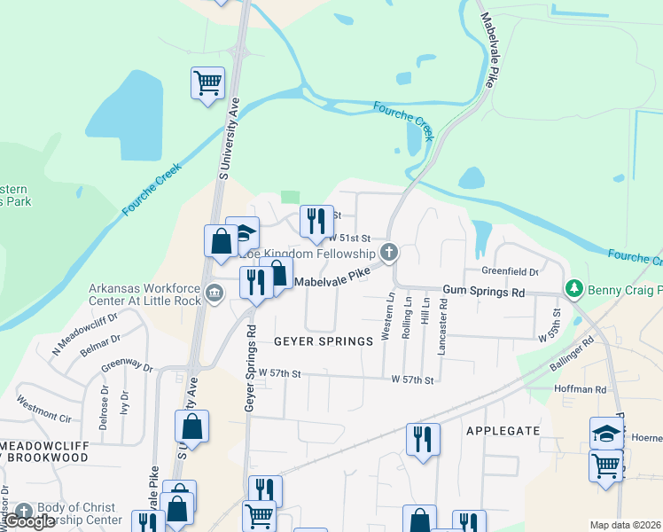 map of restaurants, bars, coffee shops, grocery stores, and more near 5119 Primrose Lane in Little Rock