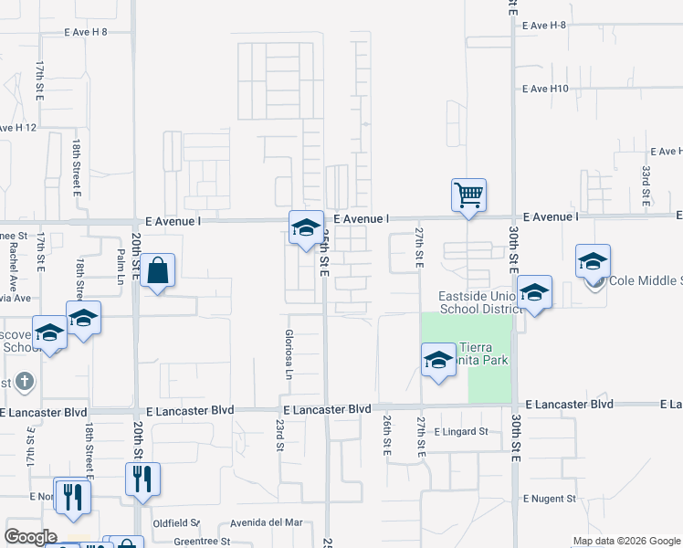 map of restaurants, bars, coffee shops, grocery stores, and more near 2550 East Avenue H10 in Lancaster
