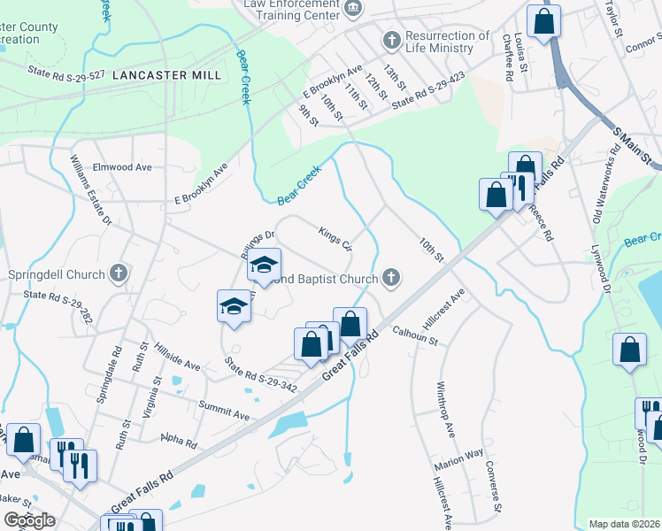 map of restaurants, bars, coffee shops, grocery stores, and more near 1525 Kings Circle in Lancaster