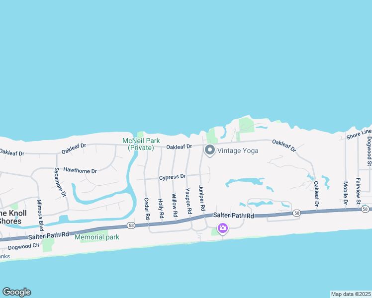 map of restaurants, bars, coffee shops, grocery stores, and more near 173 Oakleaf Dr in Pine Knoll Shores