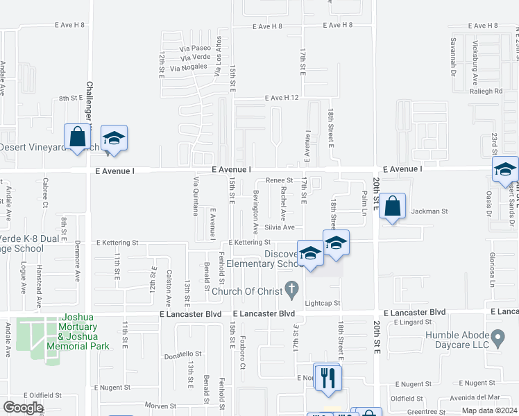 map of restaurants, bars, coffee shops, grocery stores, and more near 45050 Bevington Avenue in Lancaster