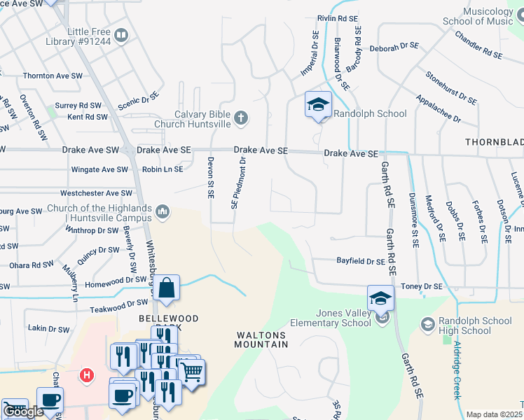 map of restaurants, bars, coffee shops, grocery stores, and more near 3118 Heatherhill Drive Southeast in Huntsville