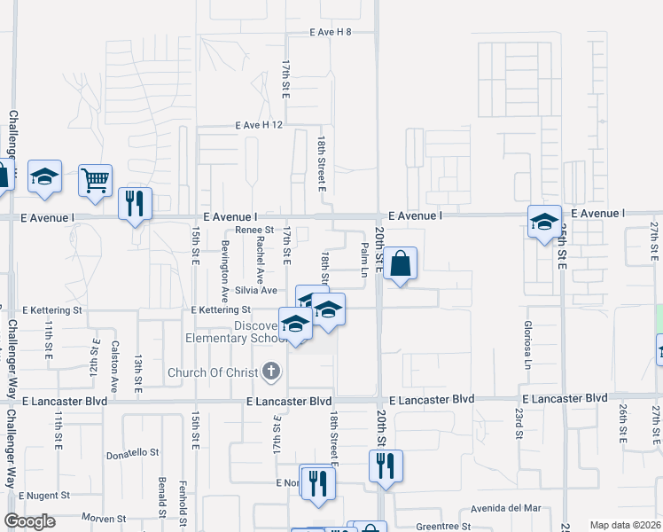map of restaurants, bars, coffee shops, grocery stores, and more near 45064 18th Street East in Lancaster