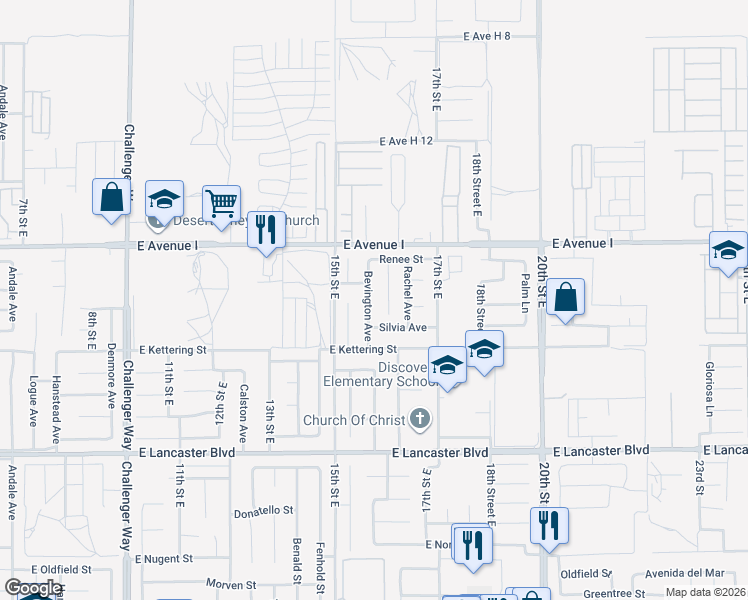 map of restaurants, bars, coffee shops, grocery stores, and more near 45050 Bevington Avenue in Lancaster