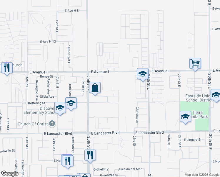 map of restaurants, bars, coffee shops, grocery stores, and more near 2125 East Jackman Street in Lancaster