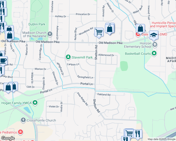 map of restaurants, bars, coffee shops, grocery stores, and more near 106 Betty Garrett Drive in Madison