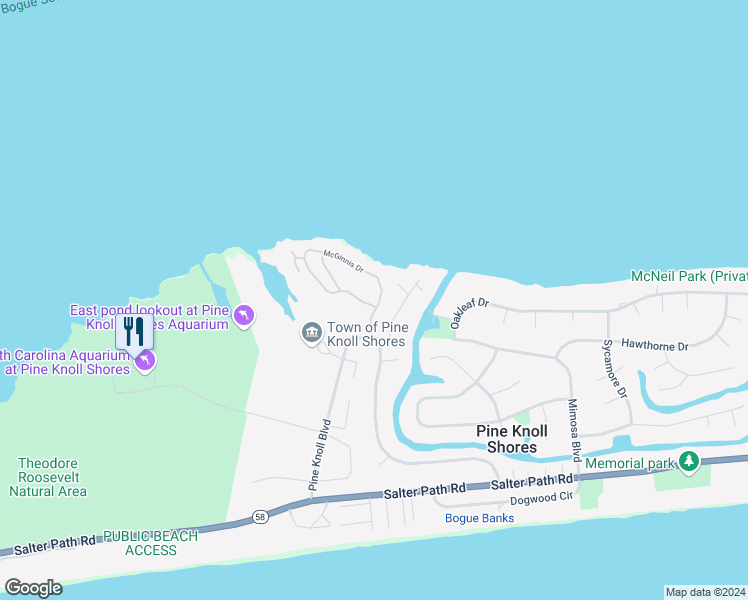 map of restaurants, bars, coffee shops, grocery stores, and more near 102 Lagoon Lane in Pine Knoll Shores