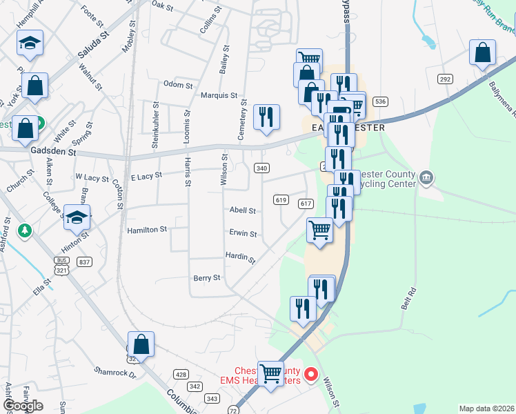 map of restaurants, bars, coffee shops, grocery stores, and more near 110 Abell Street in Chester