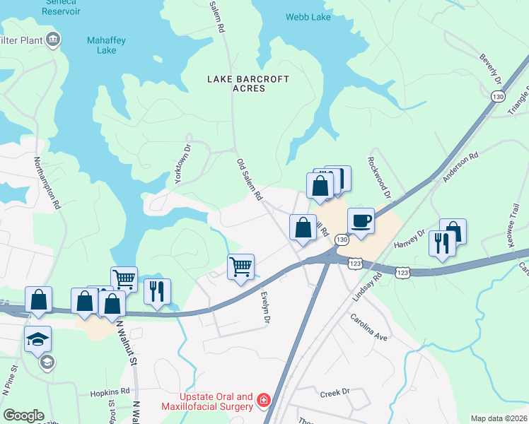 map of restaurants, bars, coffee shops, grocery stores, and more near 301 Old Salem Road in Seneca