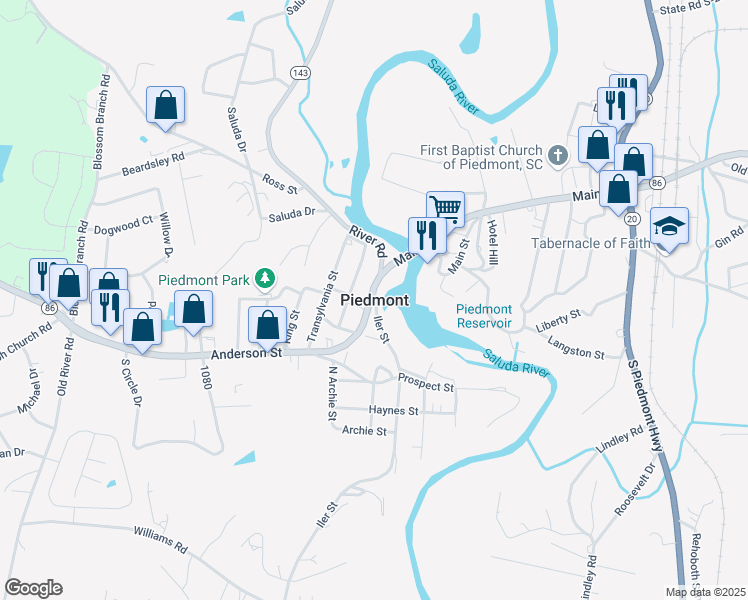 map of restaurants, bars, coffee shops, grocery stores, and more near in Piedmont