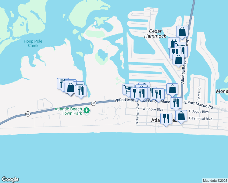 map of restaurants, bars, coffee shops, grocery stores, and more near 130 Needle Rush Drive in Atlantic Beach