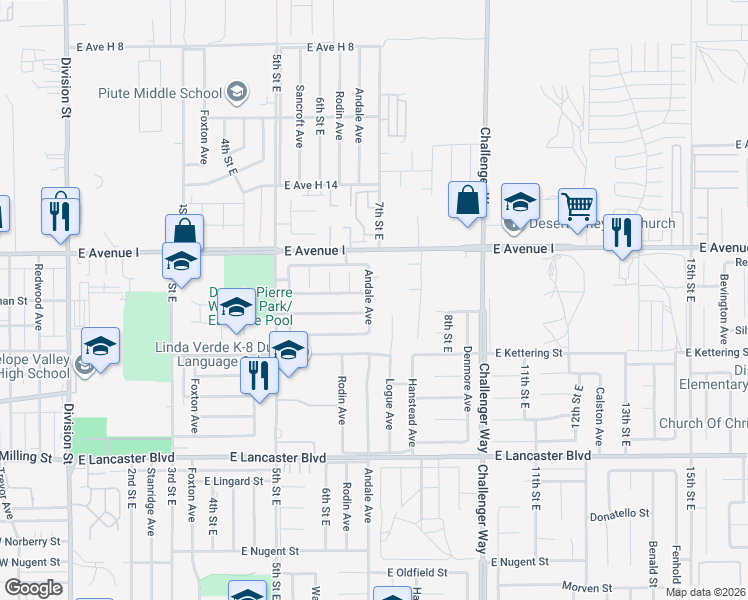 map of restaurants, bars, coffee shops, grocery stores, and more near 45108 Andale Avenue in Lancaster