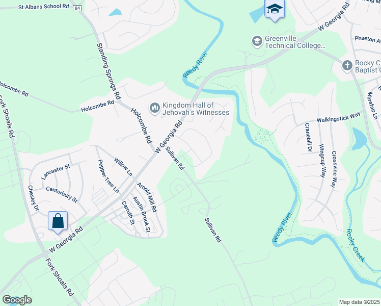 map of restaurants, bars, coffee shops, grocery stores, and more near 381 Sullivan Road in Simpsonville