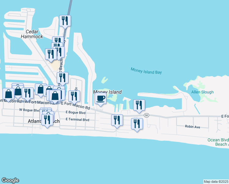 map of restaurants, bars, coffee shops, grocery stores, and more near 114 Brooks Street in Atlantic Beach