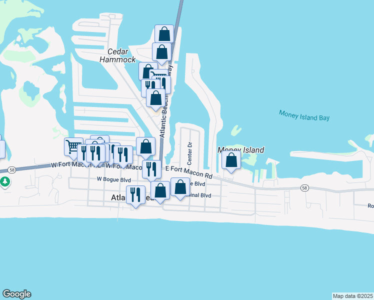 map of restaurants, bars, coffee shops, grocery stores, and more near 115 Center Drive in Atlantic Beach