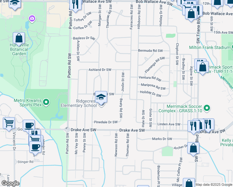 map of restaurants, bars, coffee shops, grocery stores, and more near 3710 Belvoir Dr SW in Huntsville