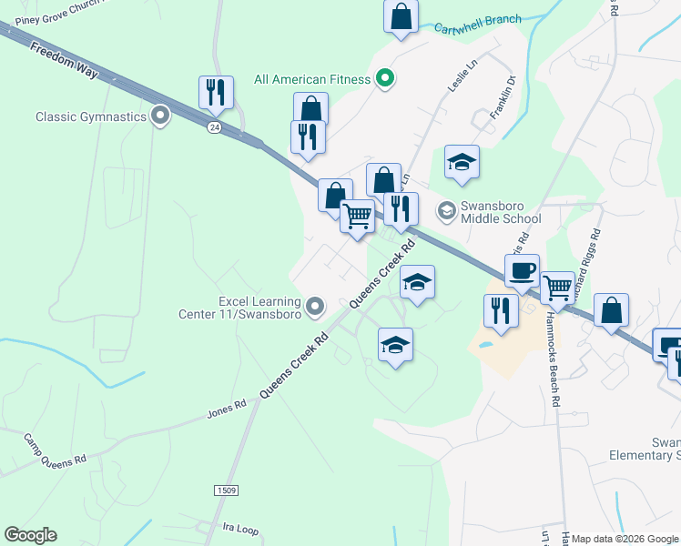 map of restaurants, bars, coffee shops, grocery stores, and more near 74 Crush Court in Swansboro