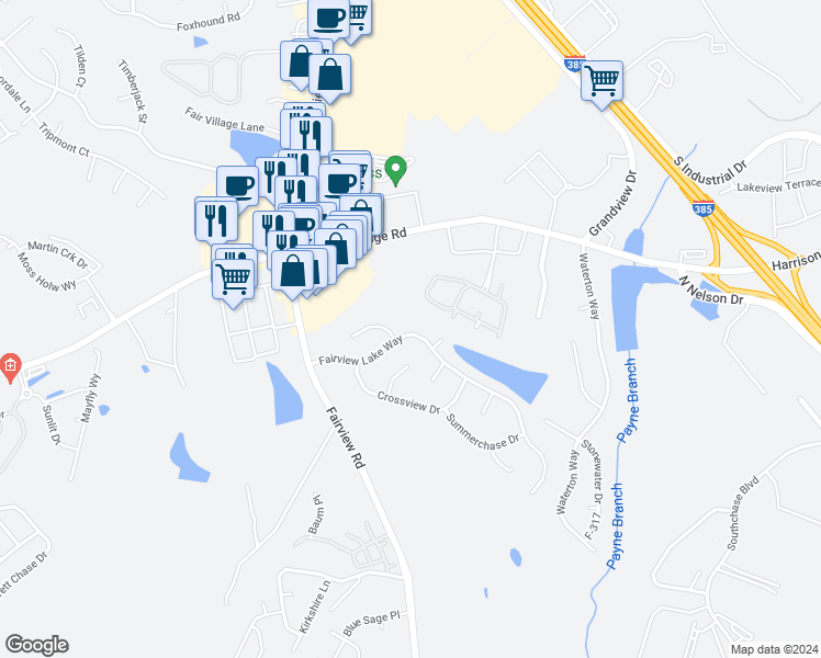 map of restaurants, bars, coffee shops, grocery stores, and more near 205 Fairview Lake Way in Simpsonville