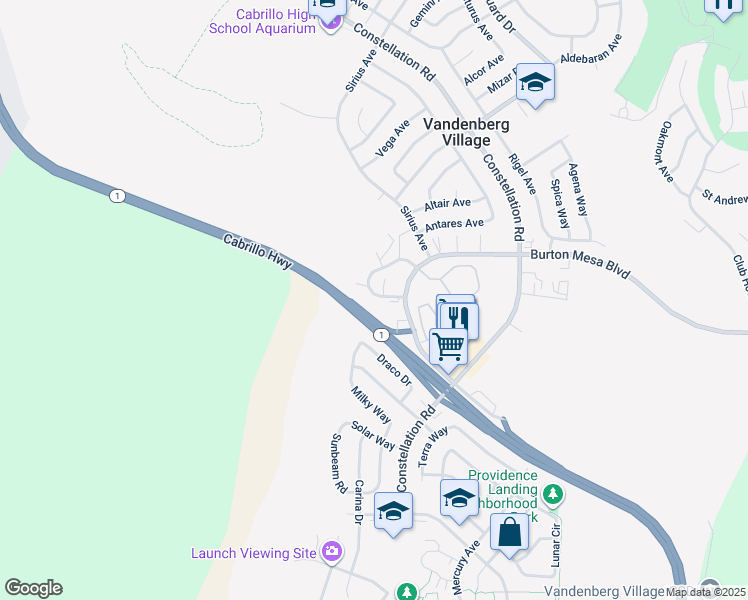 map of restaurants, bars, coffee shops, grocery stores, and more near 3931 Mesa Circle Drive in Lompoc