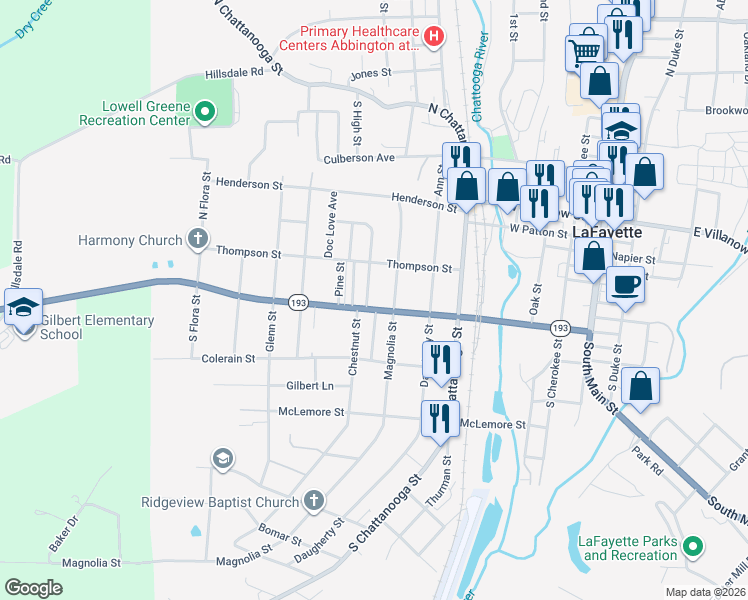 map of restaurants, bars, coffee shops, grocery stores, and more near 314 Magnolia Street in LaFayette