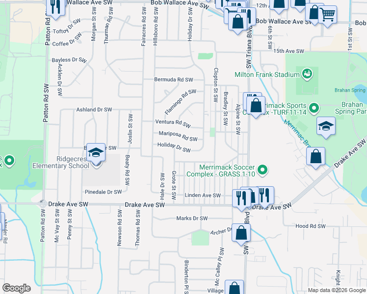 map of restaurants, bars, coffee shops, grocery stores, and more near 3014 Holiday Drive Southwest in Huntsville
