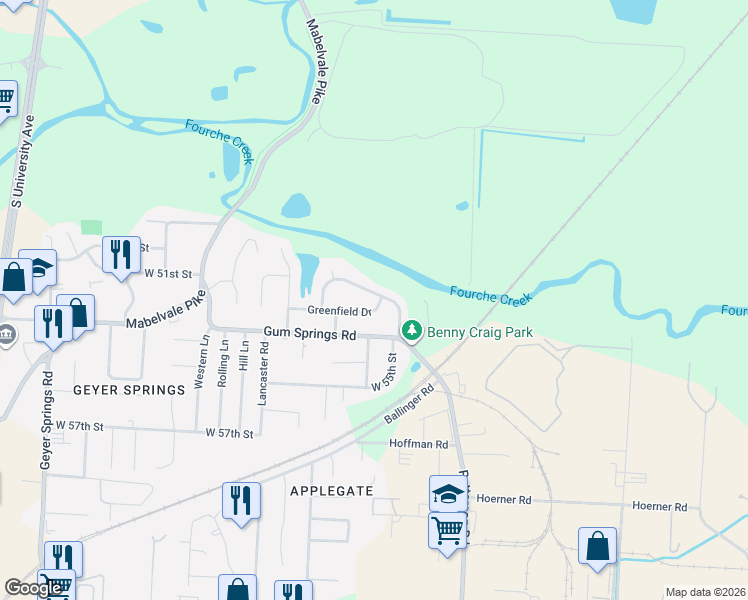 map of restaurants, bars, coffee shops, grocery stores, and more near 33 Rosemoor Drive in Little Rock