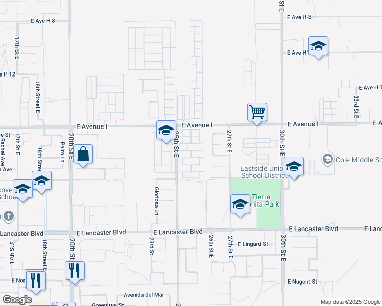 map of restaurants, bars, coffee shops, grocery stores, and more near 2550 East Avenue H10 in Lancaster