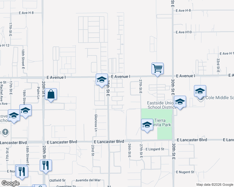 map of restaurants, bars, coffee shops, grocery stores, and more near 2550 East Avenue H10 in Lancaster