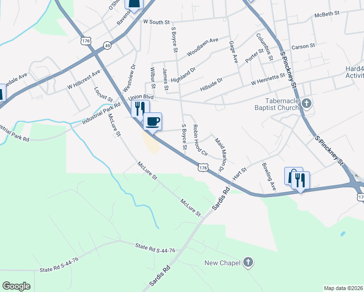 map of restaurants, bars, coffee shops, grocery stores, and more near 800 South Boyce Street in Union