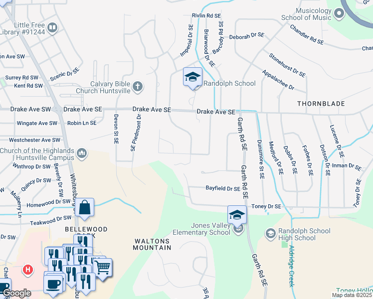 map of restaurants, bars, coffee shops, grocery stores, and more near 3101 Heatherhill Drive Southeast in Huntsville