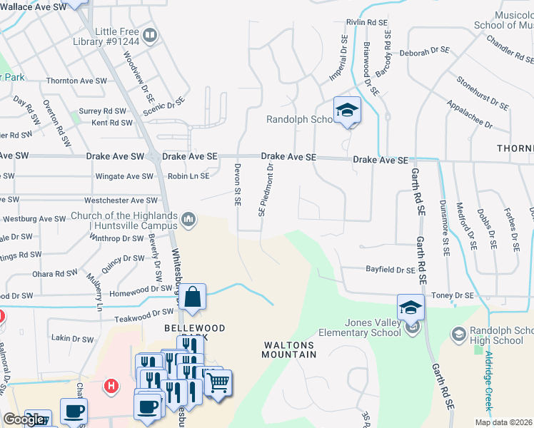 map of restaurants, bars, coffee shops, grocery stores, and more near 4016 Piedmont Drive Southeast in Huntsville